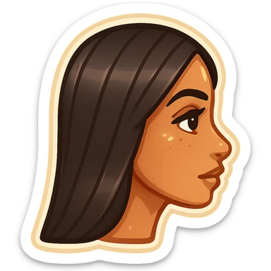 Create a side view (profile) of this woman's head, matching the same cartoon emoji style of the reference image, with long dark hair and similar facial features. Variant 2. sticker