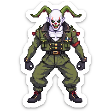 evil clown soldier, bald, short black devil horns on forehead, fangs, pointed ears, black and military green clothes with bellbottom pants, realistically proportioned, less bulky, full body, fighting stance sticker