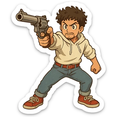 1 male, mid fade haircut dark chestnut brown curly hair, toasted lightskin, white hoodie sleeves up, fashion jeans, red fashion-sneakers shoes, red belt, short trimmed beard and goatee,  style of deku from "my hero academia", drawing a magnum revolver like dirty harry, twtich emote sticker
