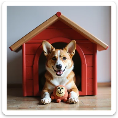 realistic red dog house with a Corgi dog inside, Corgi with a toy, photorealistic style sticker