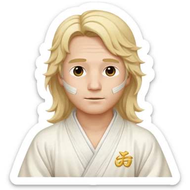 A man with long wavy blonde hair, wearing elegant white Chinese robes, delicate bandages wrapped around his neck, serene expression, traditional style, simple yet detailed emoji design sticker