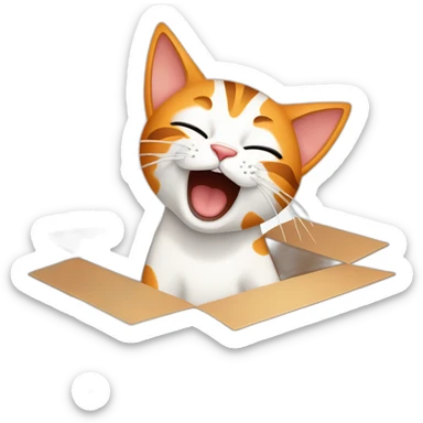 Cartoon art, a cat inside a box, yawning or stretching, simple lines, bright colors, white background, orange, white, and brown colors sticker