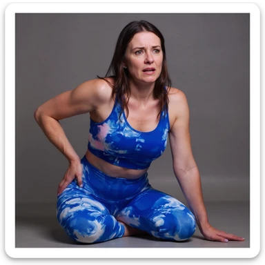 Realistic style image of a woman in sportswear inspired by the reference photo, sitting on the ground with one hand on the hip and the other on the back, showing a pained expression, neutral background. sticker