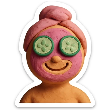 smiley face with a pink clay mask, cucumber slices on eyes sticker