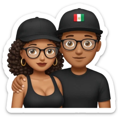A picture of an embracing tanned couple. the man is a Mexican man with tanned skin, with a bald hair cut wearing a SnapBack hat and a black shirt. the woman is mixed, she has curly longer dark brown hair, thicker and with big boobs and she has glasses sticker