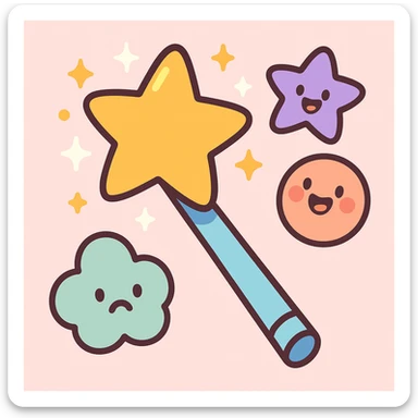 cartoon-style magic wand with a golden star at the tip, sparkling, pastel toon style sticker