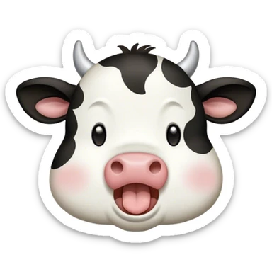 Cinematic Cute Yawning Black and White Cow Portrait Emoji, Head tilted slightly with a dramatic, wide-open yawn, showcasing a smooth, contrasting coat of black and white, floppy ears slightly drooping, round brown eyes barely open in drowsy contentment, Simplified yet irresistibly adorable features, highly detailed, glowing with a soft, cozy glow, high shine, relaxed yet expressive, stylized with a touch of modern whimsy, bright and endearing, soft glowing outline, capturing the essence of a sleepy yet affectionate cow, so drowsy it feels like it could stride out of the screen and curl up for a nap! sticker