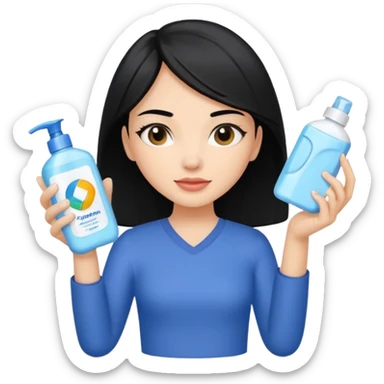 Generate a light-skinned girl with black hair who takes skincare. On the left hand side, she holds a detergent in her hand, and on the right hand side on the sheath, it is the one she applied. sticker
