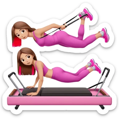 one girl doing a plank on a pilates reformer in a pink workout set with long brown hair sticker