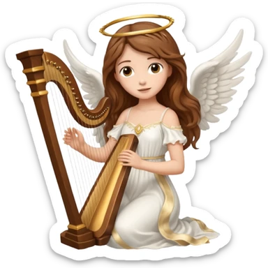 Female angel holding harp with flowing brown hair sticker