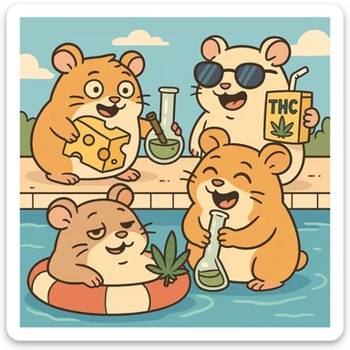 square Discord server icon, hamsters at a pool party with weed, cheese, THC theme, no disco ball, Flat Toon style, nostalgic, fun, inviting, summer party vibe, bold outlines, bright colors, clear composition sticker
