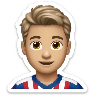 Niño blanco de 6 años, pelo castaño liso y corto, ojos marrones  con camiseta del Atlético de Madrid sticker