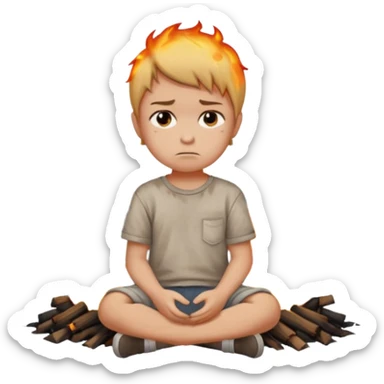 small child sitting sadly with a street on fire behind him sticker