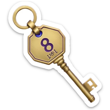 antique brass hotel key with large purple leather room number tag sticker