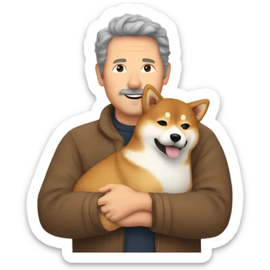 Shiba-inu cuddles middle age man with curly brown hair  sticker