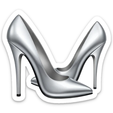 A pair of high heel shoes emoji made of polished silver chrome, elegant sharp silhouette, smooth metallic surface, glossy reflections, luxury sexy vibe, minimalistic iOS emoji style, centered, clean white background sticker