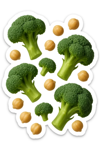 SU QUESTO STILE FAI  broccoli e ceci che fluttuano in aria, FALLO MOLTO REALISTICO IN 3D sticker