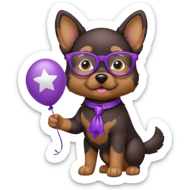 dog holding purple star balloon in hand with black glasses sticker