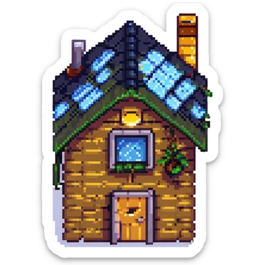 house with a solar panel roof, pixel art style sticker