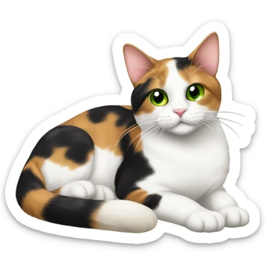Green eyed calico cat lying on free carpet  sticker