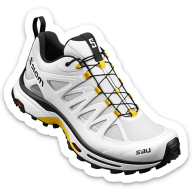 White Salomon XT-6 Gore-Tex trail running shoes, one positioned behind the other, simplified iOS emoji style, technical outdoor sneakers with trail sole, clean white colorway, minimalist design sticker