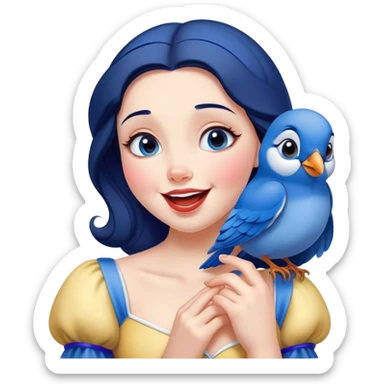 Cinematic Adorable Snow White Portrait Emoji, Giggling as a bluebird perches on her finger, cheeks rosy with joy, bright expressive eyes full of wonder, her innocence and beauty blending into a heartwarming moment! sticker