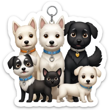 Four white dogs hanging a black dog with a collar sticker