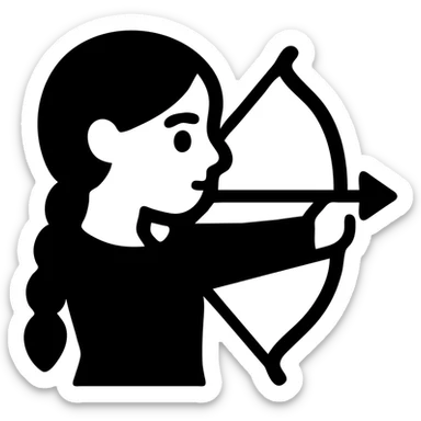 girl with olive skin, gray eyes, black hair in a side braid, black outfit, bow and arrow sticker