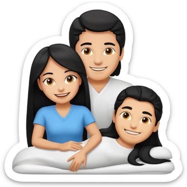 man lying down, girl with long black hair giving him a massage, emoji style sticker