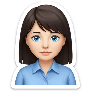 50 yr old woman, blue eyes, long straight dark brown hair, business shirt, chubby, bangs sticker