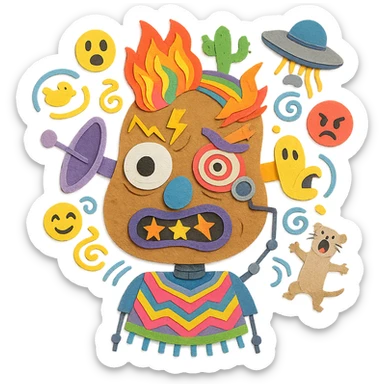 chaotic character with potato-shaped warped face, huge googly eye, tiny angry eye, glitching mouth, star teeth, big nostril, lightning and caterpillar eyebrows, satellite dish and sock puppet ears, half fire half rainbow hair with cactus wearing monocle, UFO dropping spaghetti, robotic body, neon poncho, floating emojis, swirling background of rubber ducks, runes, screaming ferret sticker