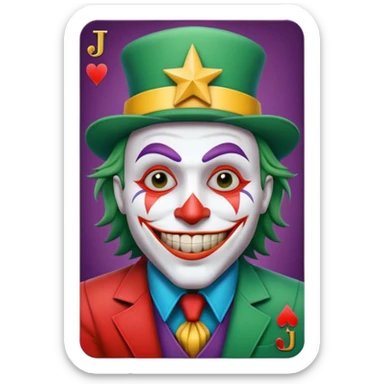 1 poker card, perfectly squared card, with crazy colorful human jolly joker inside, star symbol with a "J" sticker