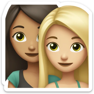 dark-eyed Brunette Girl hugs green-eyed blonde girl both are caucasian and have long hair  sticker