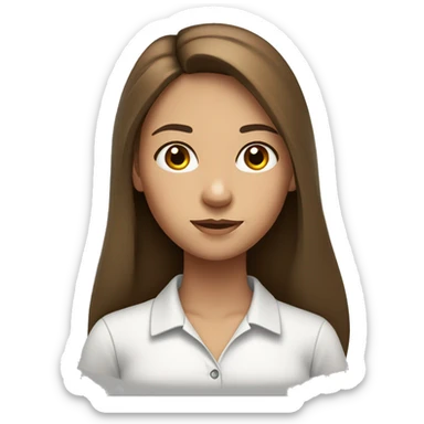 girl with long brown hair black eyes, round face, teacher, wearing white polo sticker