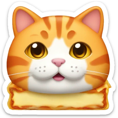 A chubby orange cat with lasagna sticker