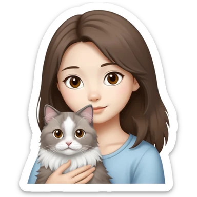 Asian girl brown hair girl with brown eyes with a grey and white seal fluffy ragdoll cat  sticker