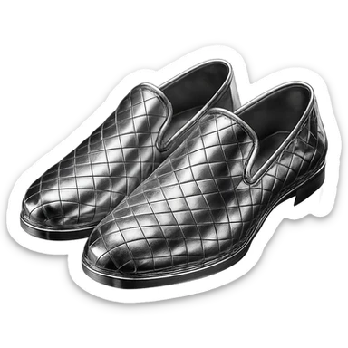 Bottega Veneta shoes in 3D chrome style, highly reflective metallic look, with signature woven texture, simple background sticker
