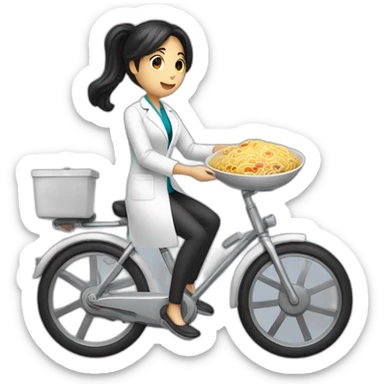 long and dark hair female doctor with a ramen bowl in her hand and riding a chrome bicycle sticker