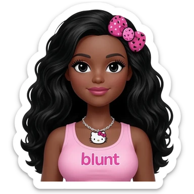Long giant lashes, my melody hairclip, Doll faced shaped, hello kitty necklace, bimbo, black doll eyes, barbie, dark brown skin with long curls black hair, light pink bimbo sleeveless shirt says "blunt" , big breast sticker
