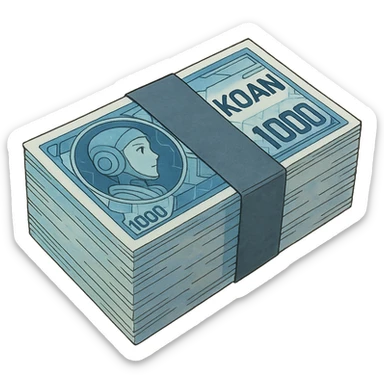a neat bound stack of blue-and-white banknotes, koan bills , 90s futuristic, the band is dark gray sticker