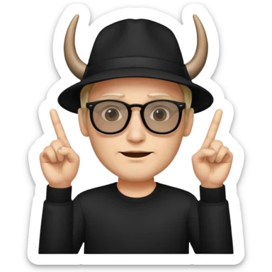 man dressed in black with dark glasses and a black hat making the horns gesture with both hands sticker