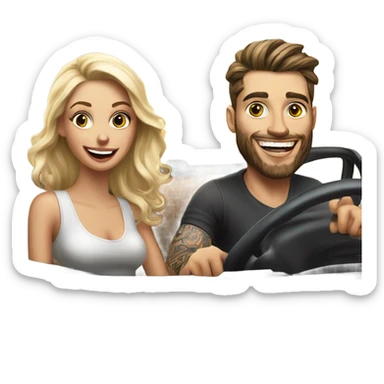 Hyper Realistic beautiful woman and a handsome tattooed man laughing while driving in a fancy car sticker