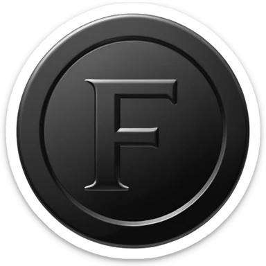 Emoji icon of a black coin with engraved letter F, minimalist style, isolated, only black color sticker