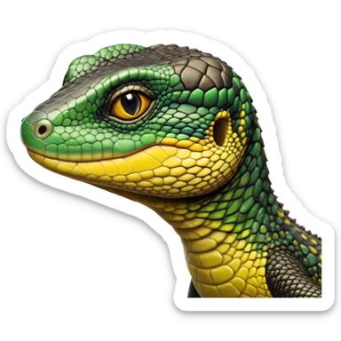 cinematic-realistic-cute-monitor-lizard-portrait-emoji,-head-tilted-playfully-and-inquisitively,-featuring-a-compact,-agile-body-with-finely-detailed,-glossy-scales-in-earthy-black and yellow-hues-and-a-distinct,-alert-face-with-bright,-curious-eyes, black , yellow spotted and green band  scales and a big long neck sticker