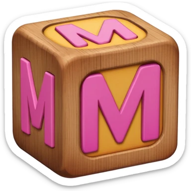 A rounded toy block with the pink letter "M" on it sticker