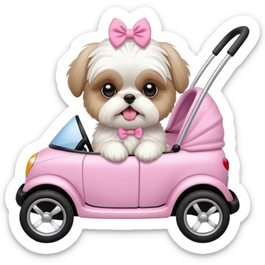 little all white shih tzu with pink bows & sweater tongue sticking out stting in white buggy sticker