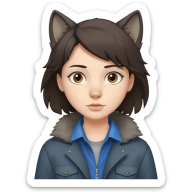 Hobo tomboy with dark brown hair in a wolf cut style, brown eyes, dirty dark grey coat, blue-grey shirt. sticker