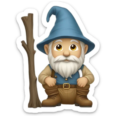 side view of gnome with light tan pants and light tan boots squatting in front of small brown log sticker