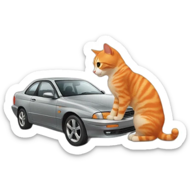 orange cat checking car engine sticker