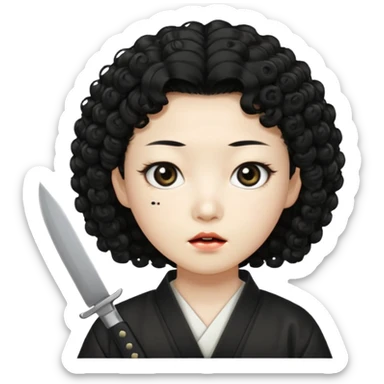 Korean murderer white skin with Asian eyes and holding knife with black Korean perm hair sticker